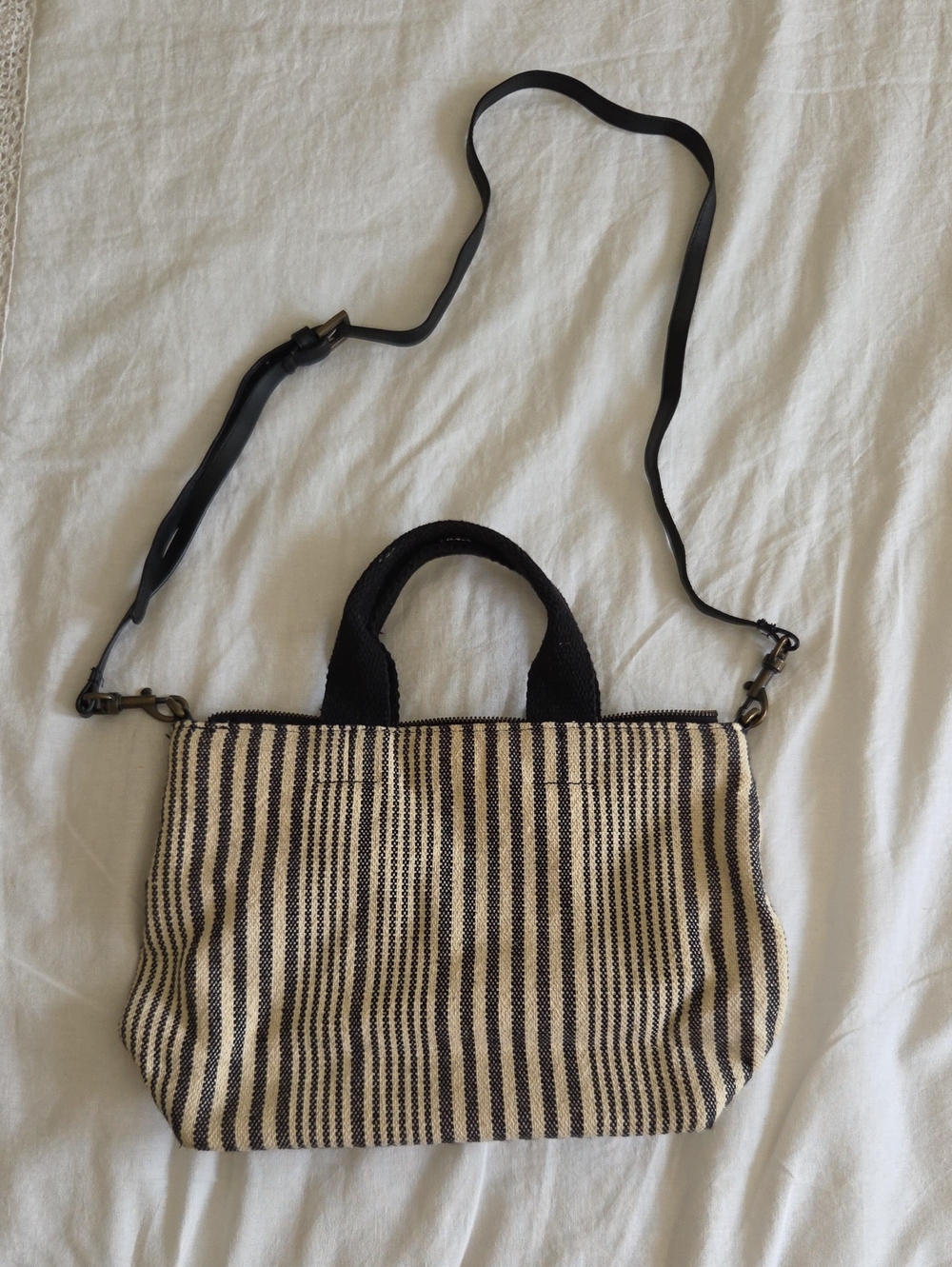 Black & Cream Striped Canvas Tote Bag with Adjustable Strap
